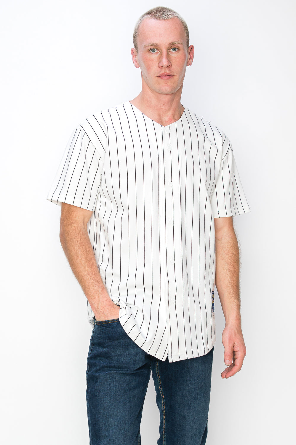 Men's Cotton White Baseball Jersey with Pinstripes