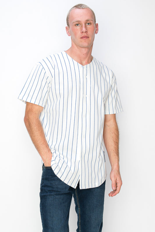 Men's Cotton White Baseball Jersey with Pinstripes