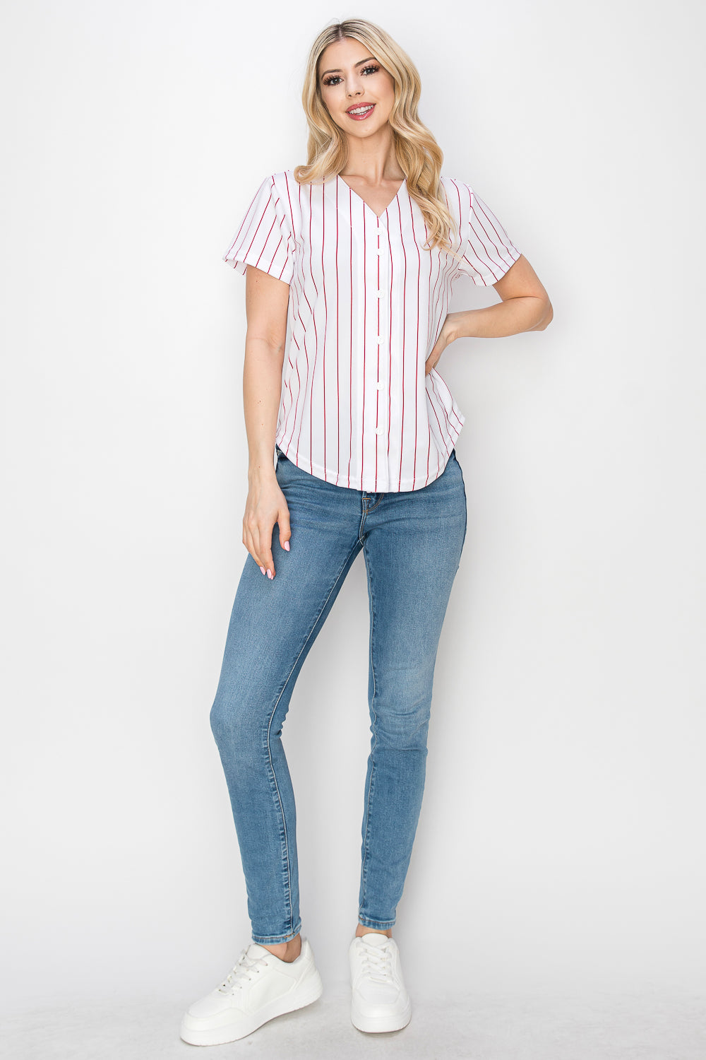 Women's White Baseball Jersey with Pinstripes