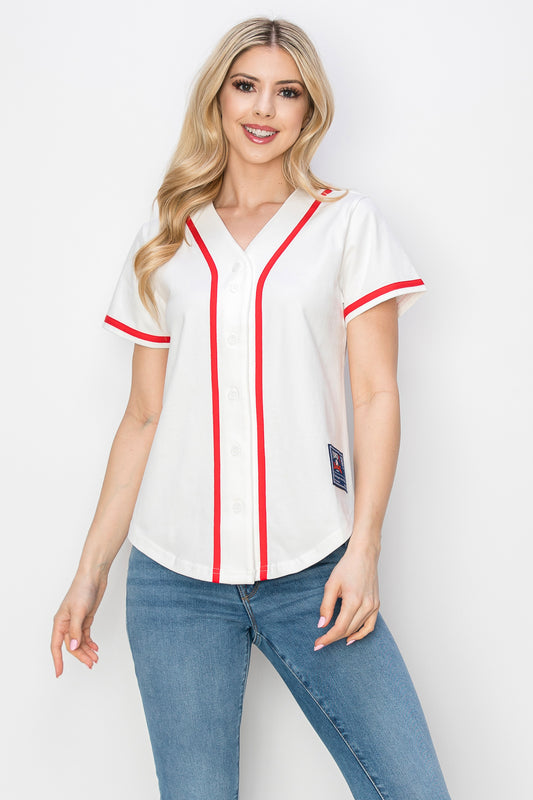Women's Cotton White Color Baseball Jersey With Piping