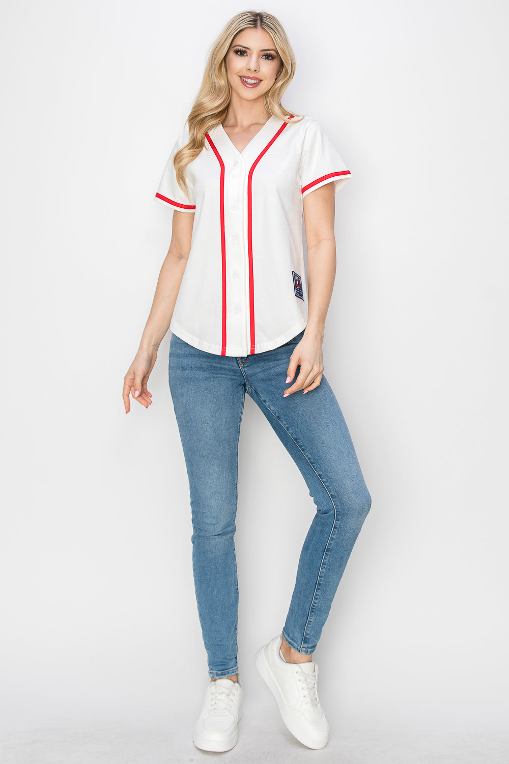 Women's Cotton White Color Baseball Jersey With Piping