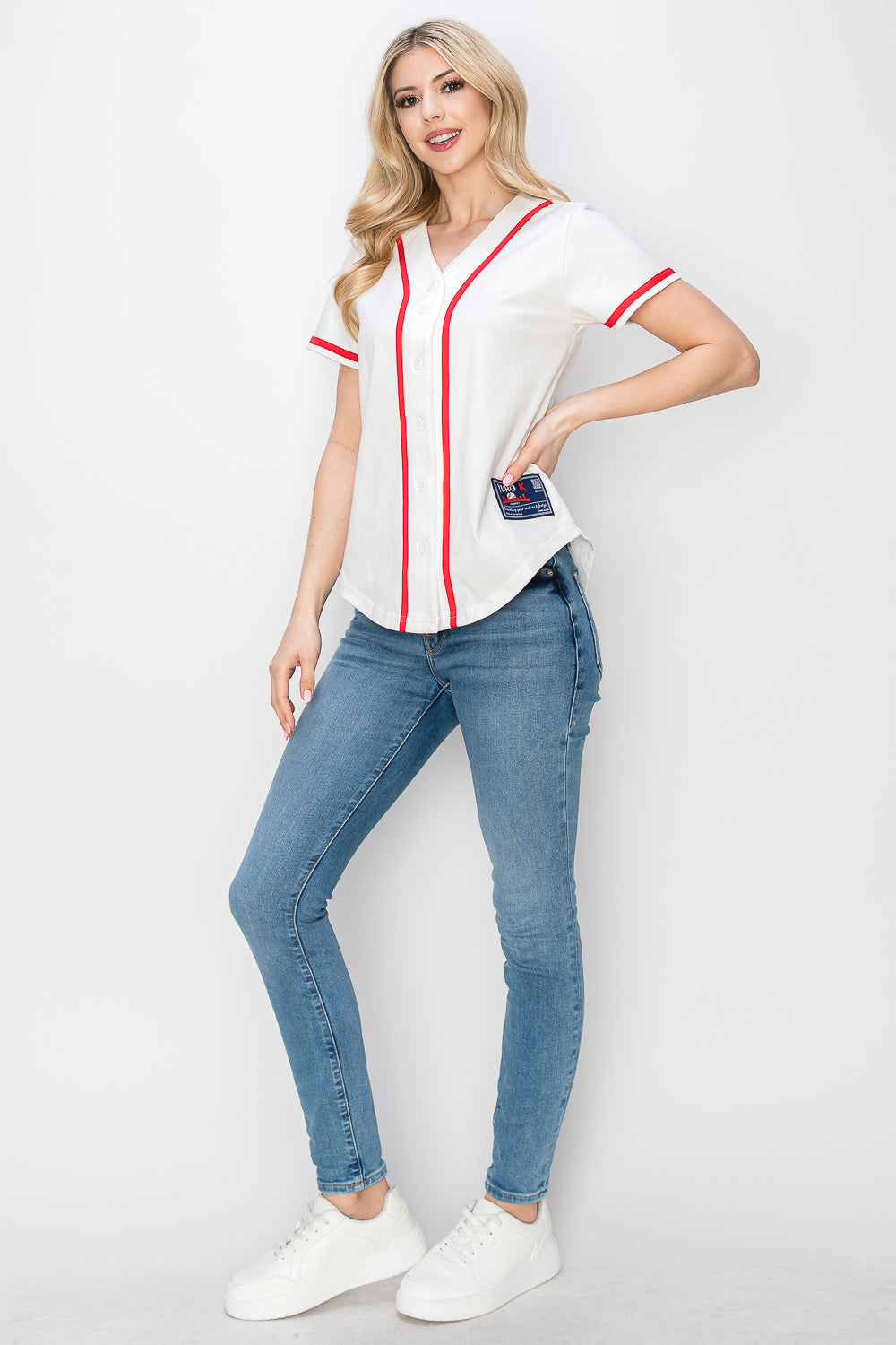 Women's Cotton White Color Baseball Jersey With Piping