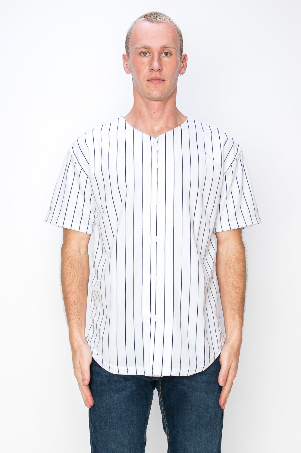 Men's White Baseball Jersey with Pinstripes